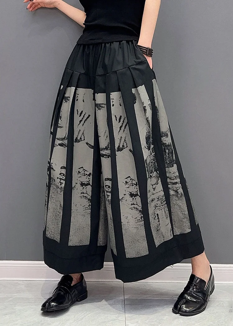 Style Black Elastic Waist Pocket Printed Cotton Wide Leg Pants Spring