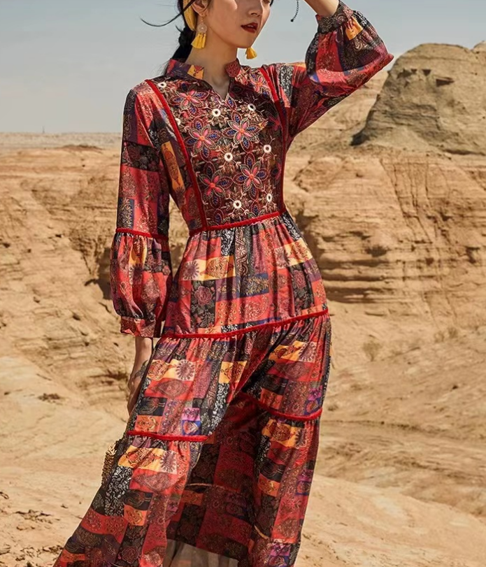 Bohemian V-Neck Printed Beach Long Sleeve Long Dresses