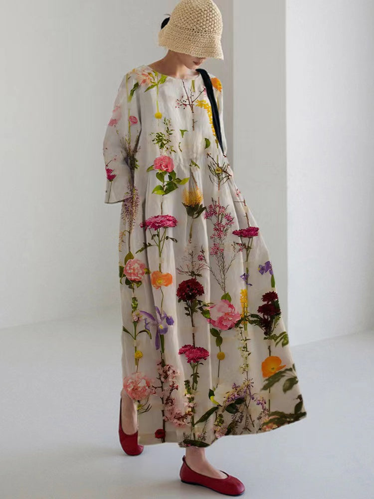 Loose Round Neck Printed Linen Cotton Spring Dresses