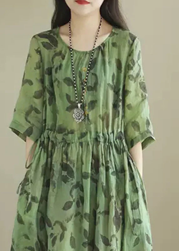 Fashion O Neck Printed Crinkle Waisted Short Sleeve Long Dresses