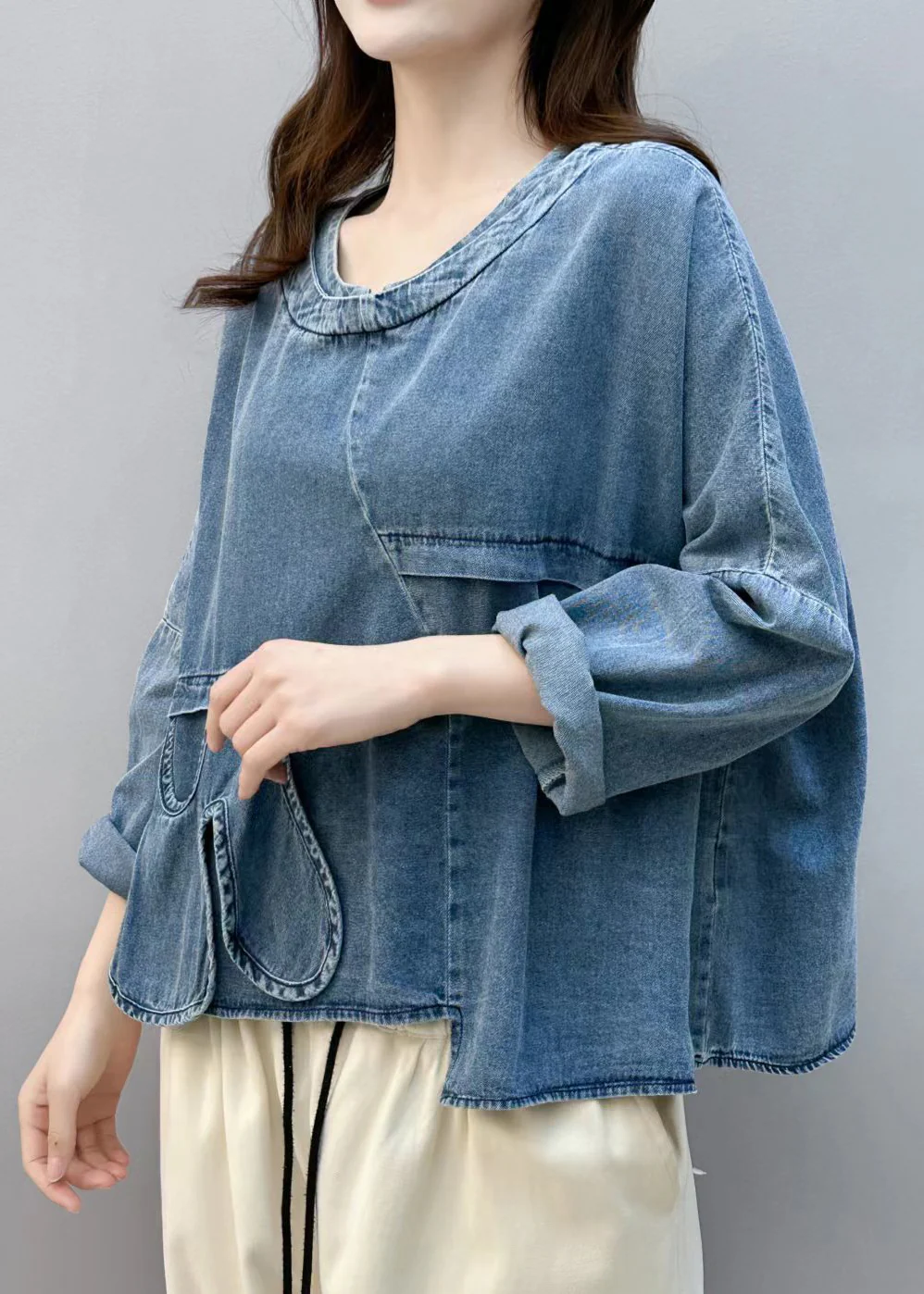 Chic Blue Asymmetric Patchwork Denim Shirt Top Fall Long Sleeve