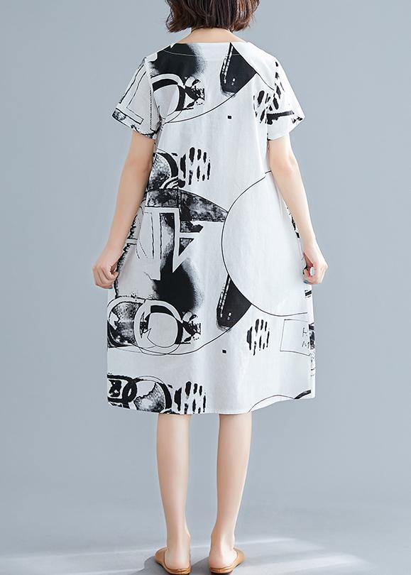 Elegant Printed Linen Short Sleeve Straight Dress