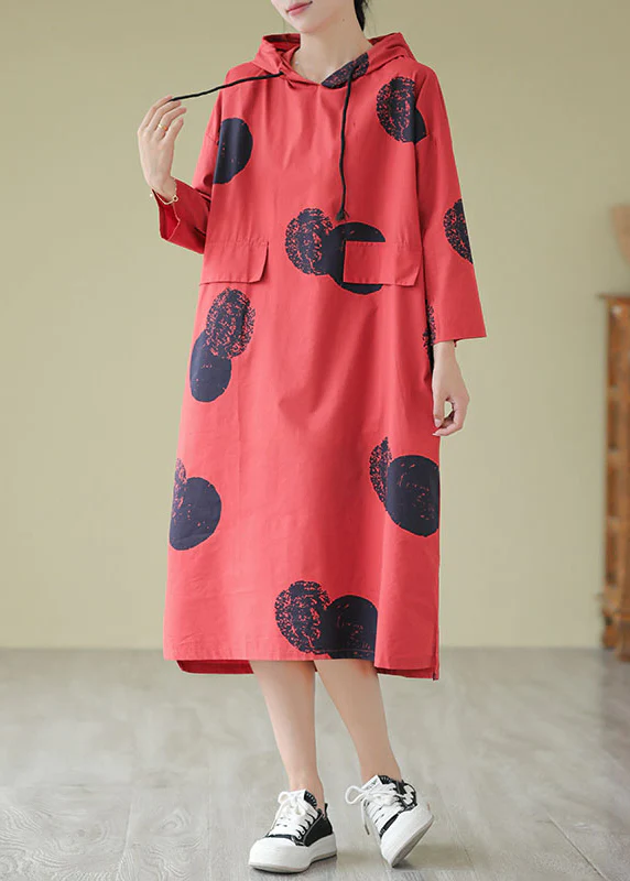 Women's Hooded Polka Dot Printed Cotton Dresses