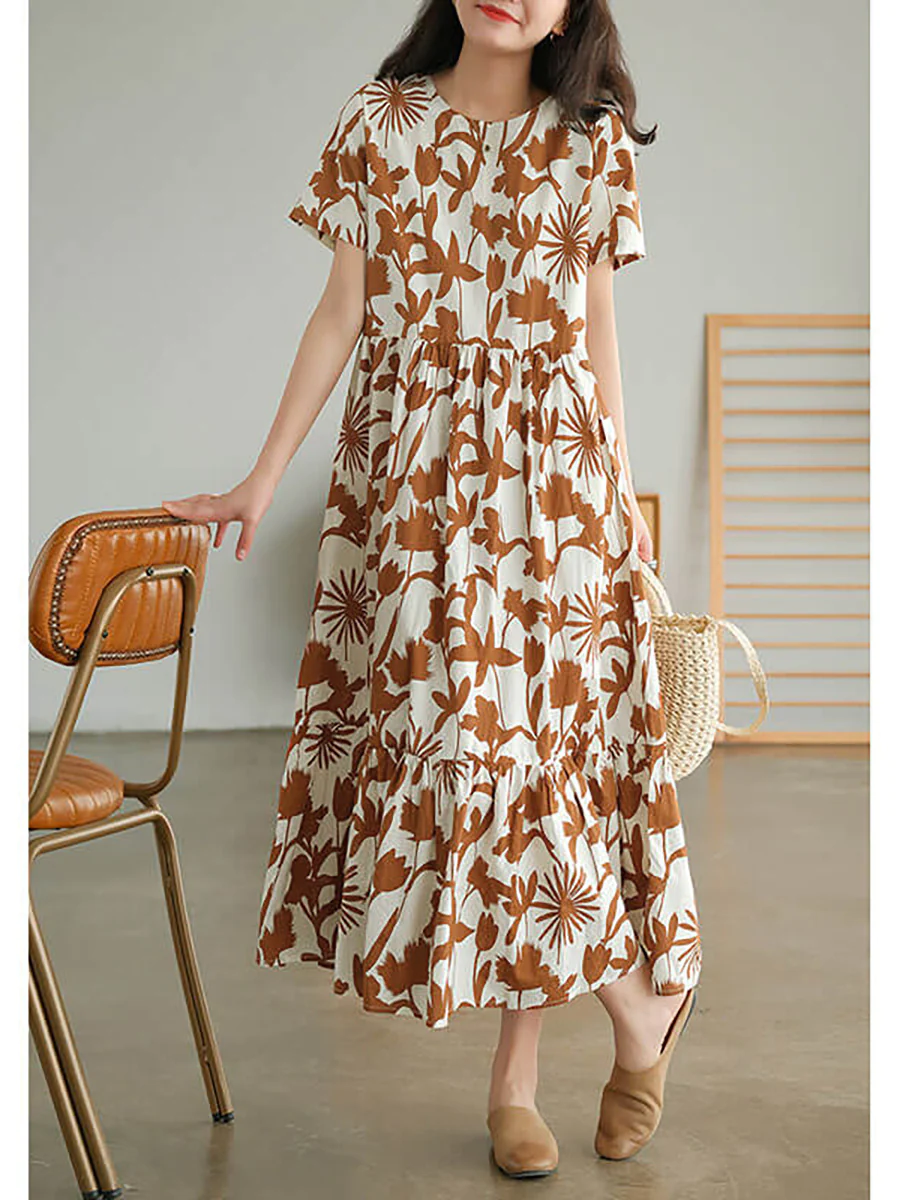 Women's Round Neck Floral Cotton Short Sleeve Dress