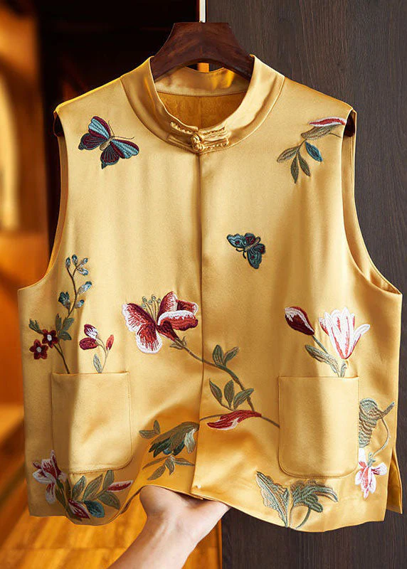 Black Original Embroidered Patchwork Silk Vest Sleeveless