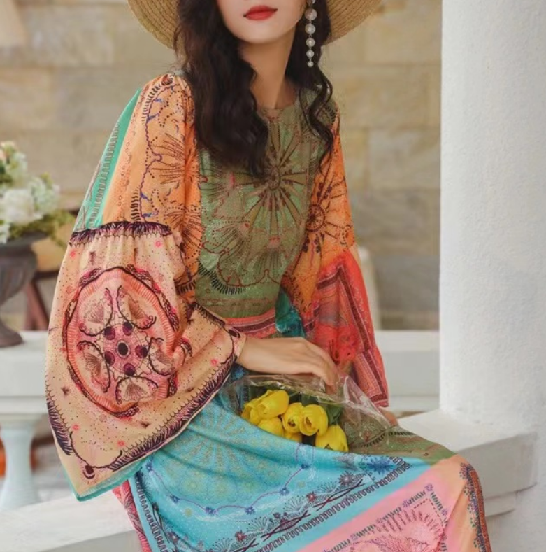 Bohemian Round Neck Printed Flared Sleeve Dress