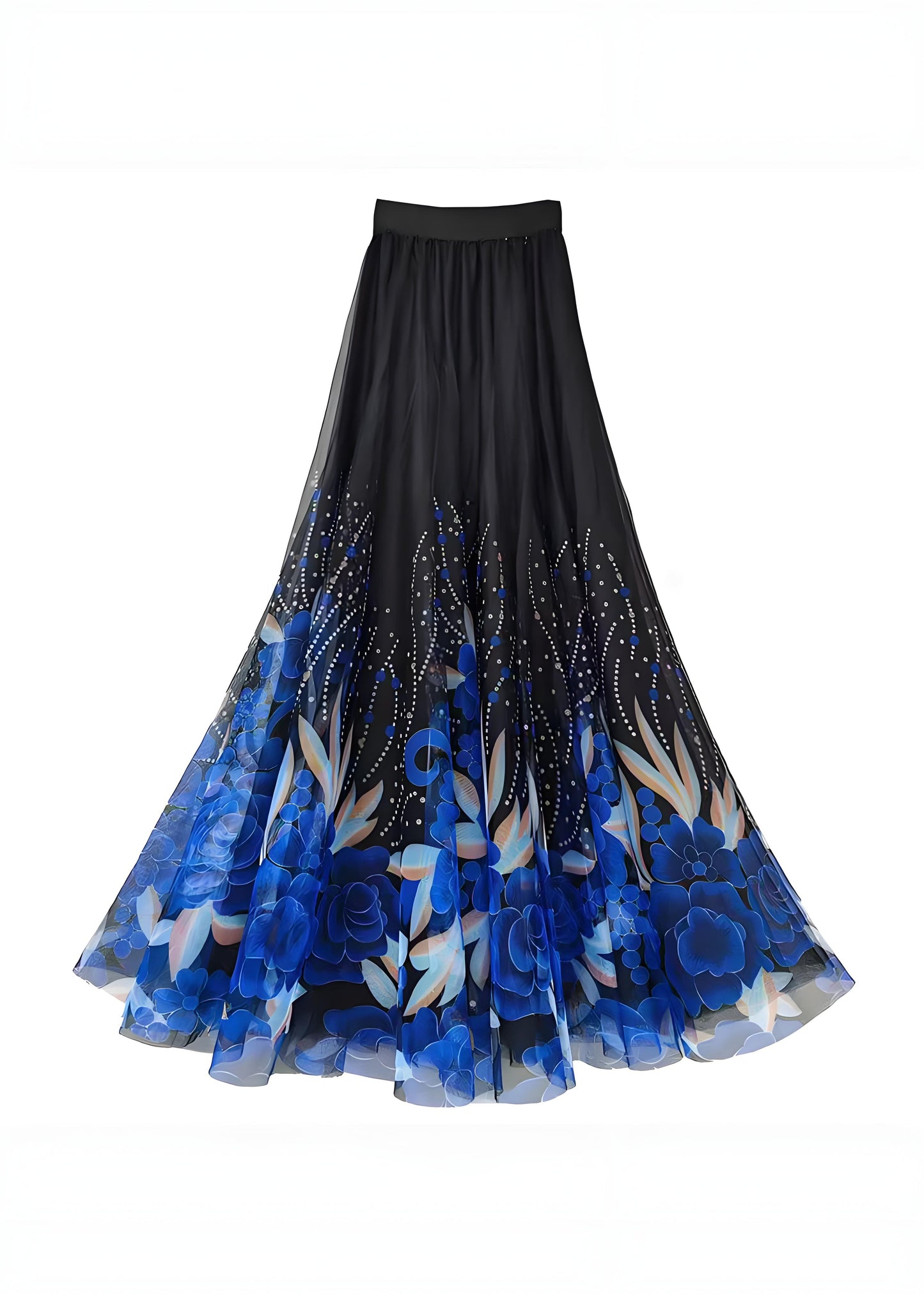Women's Large Size Blue Printed High Waist Tulle Halter Skirt Spring