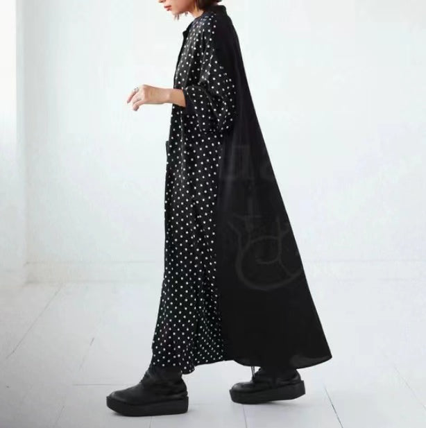 Loose Standing Collar Patchwork Polka Dot Color Clash Long Sleeve Long Dress