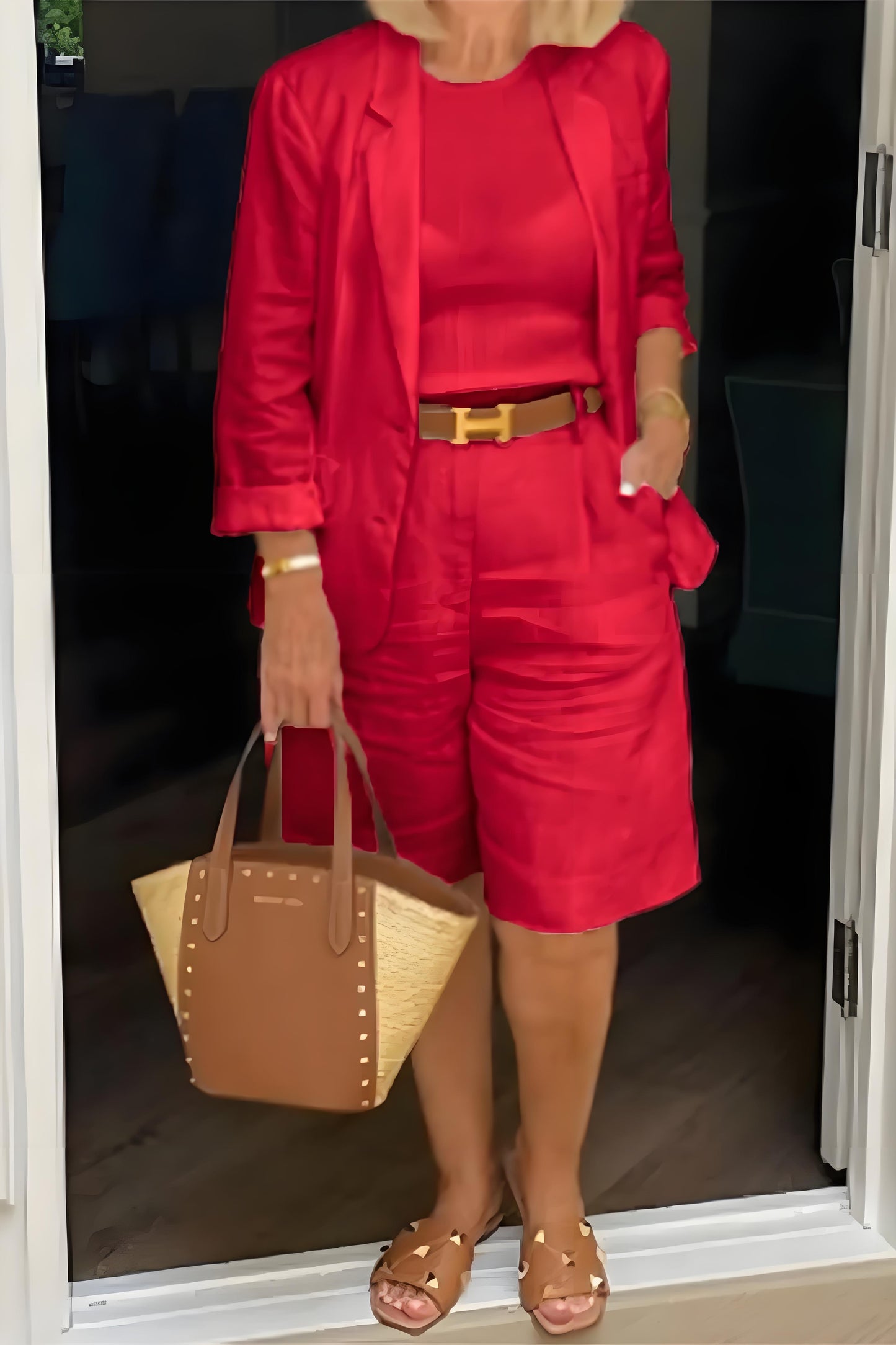 Women's loose simple solid color lapel nine-minute sleeve two-piece set spring summer