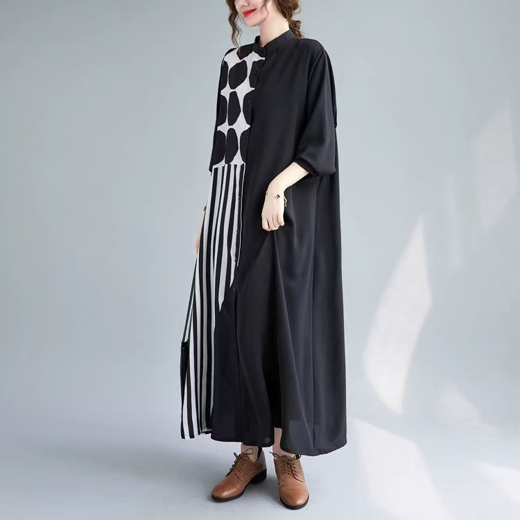 Women's Patchwork Black Cardigan Cotton Long Sleeve Dress Spring