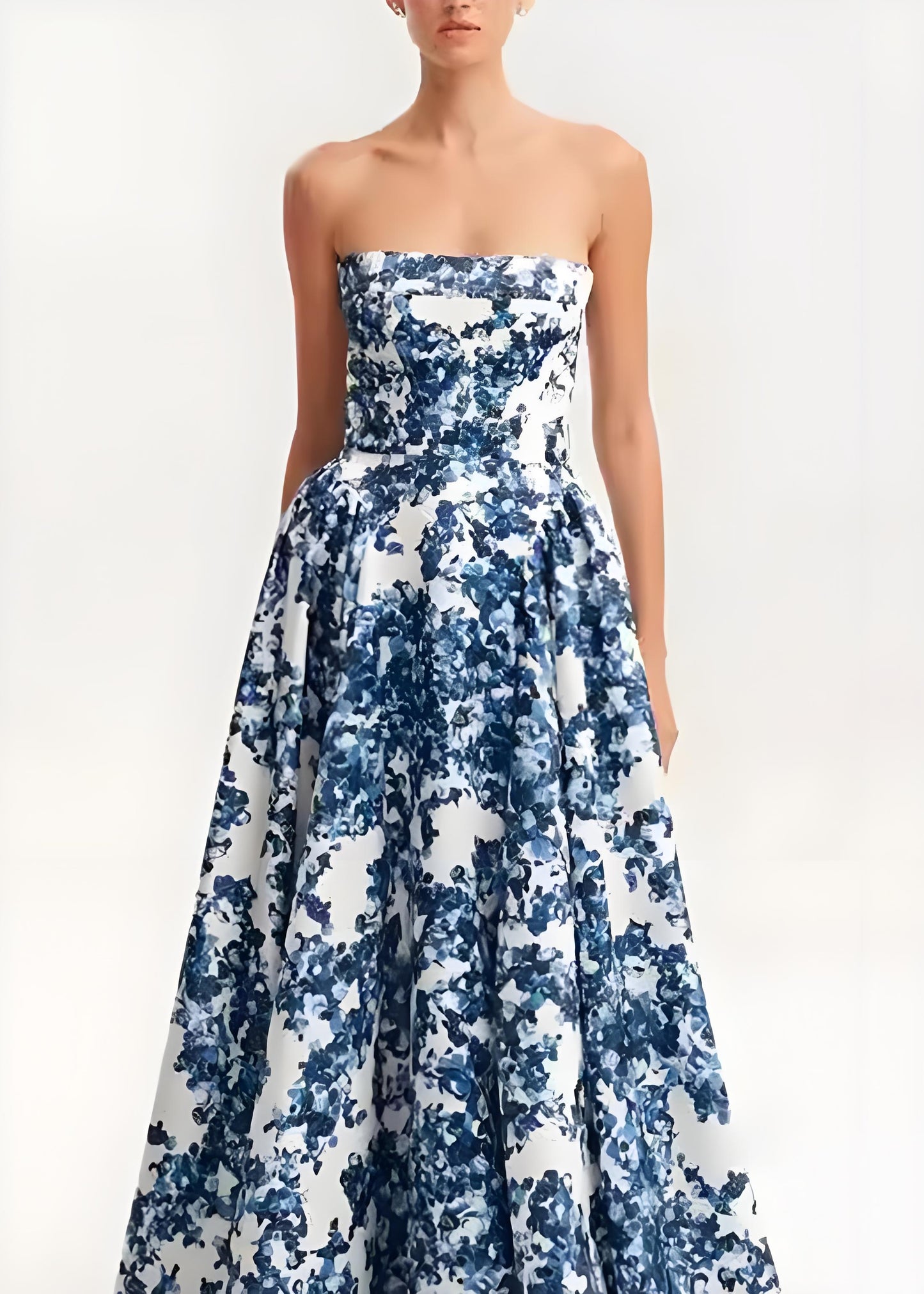 Women's Blue Strapless Printed Cotton Long Sleeveless Dresses