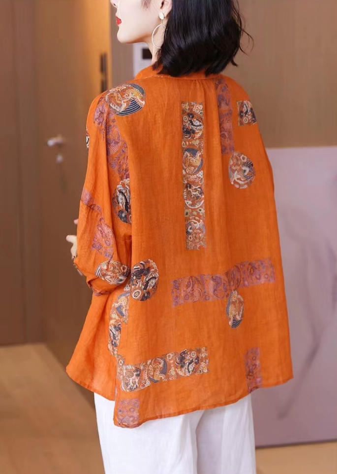 Elegant Printed Lapel Patchwork Cotton Shirt Top