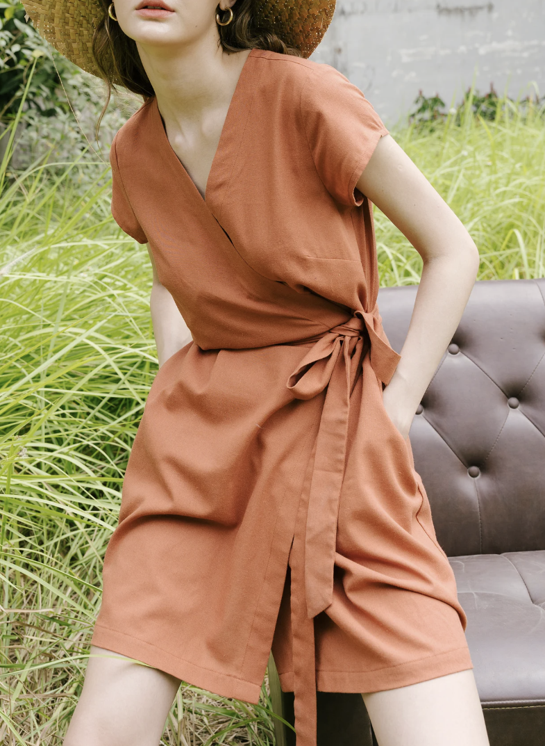 Linen Wrap Dress, Short Sleeve Linen Dress, V-Neck Linen Dress, Short Dress, Canvas Beach Dresses