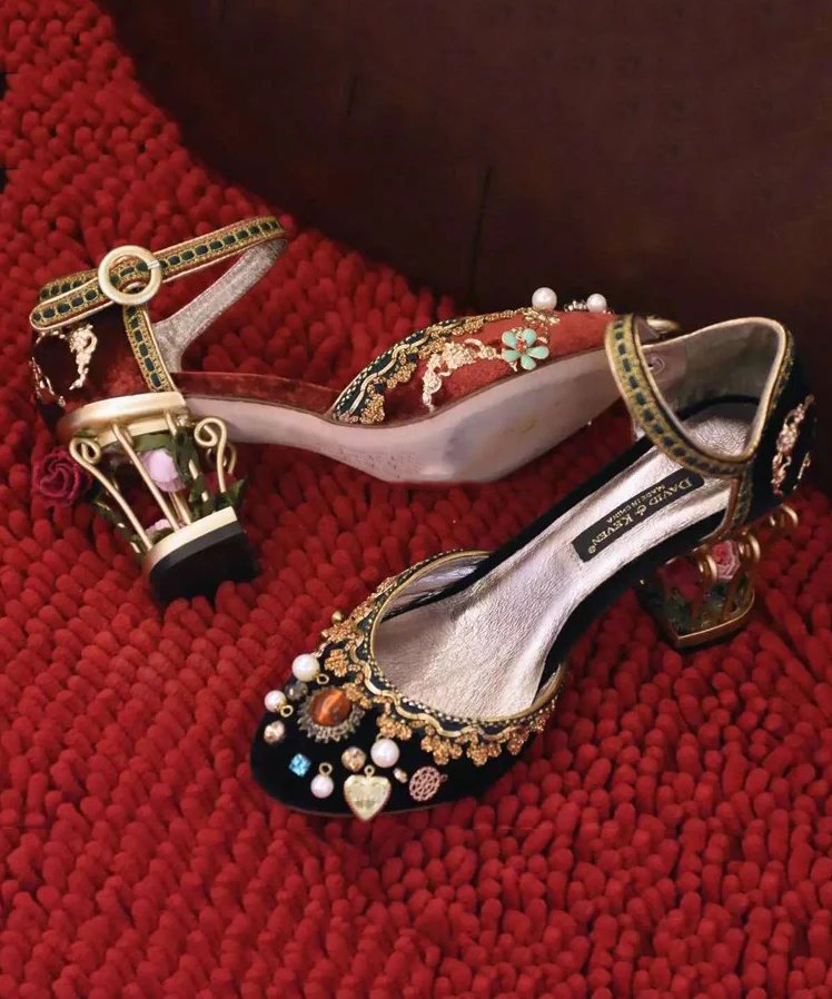 Court Style Zirconia Flower Black Buckle Strap Heels