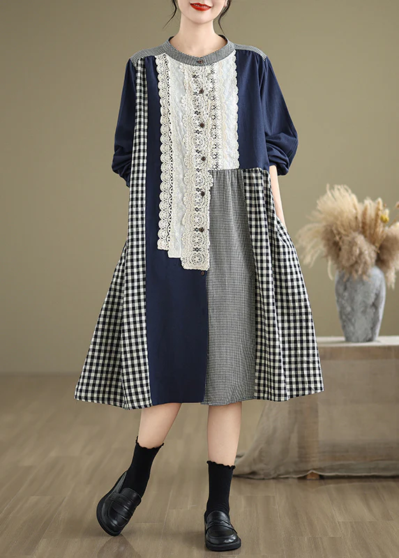 Round neck lace patchwork plaid maxi dress