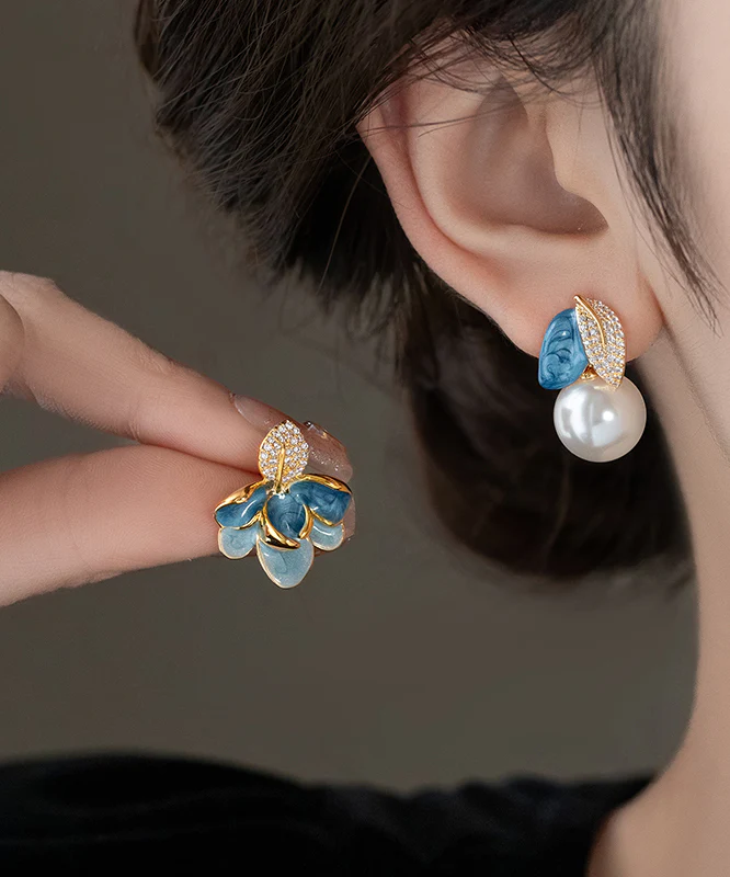 Fine Blue Copper Zirconia Asymmetrical Pearl Enamel Drip Glaze Stud Earrings