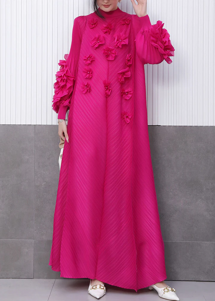 Rose Stand Collar Floral Decorated Long Dresses Summer