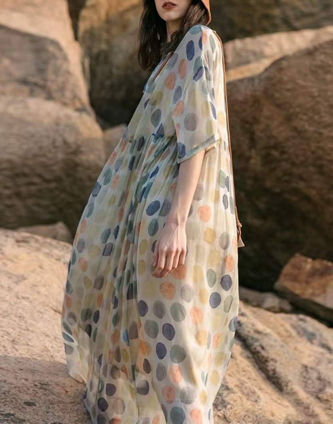 Italian Fabric Printed Cotton Short Sleeve Long Dress