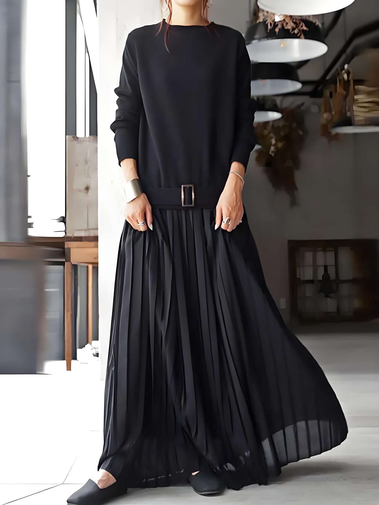 Women's Round Neck Belt Solid Color Pullover Knit Patchwork Long Sleeve Pleated Dress Spring