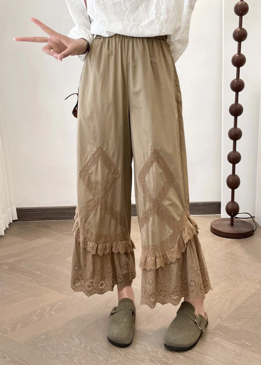 New Apricot Lace Patchwork Wide Leg Pants