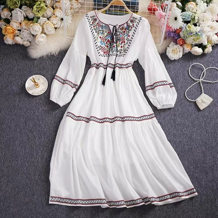 Bohemian Tie Embroidered Sun Screen Long Sleeve Patchwork Dress