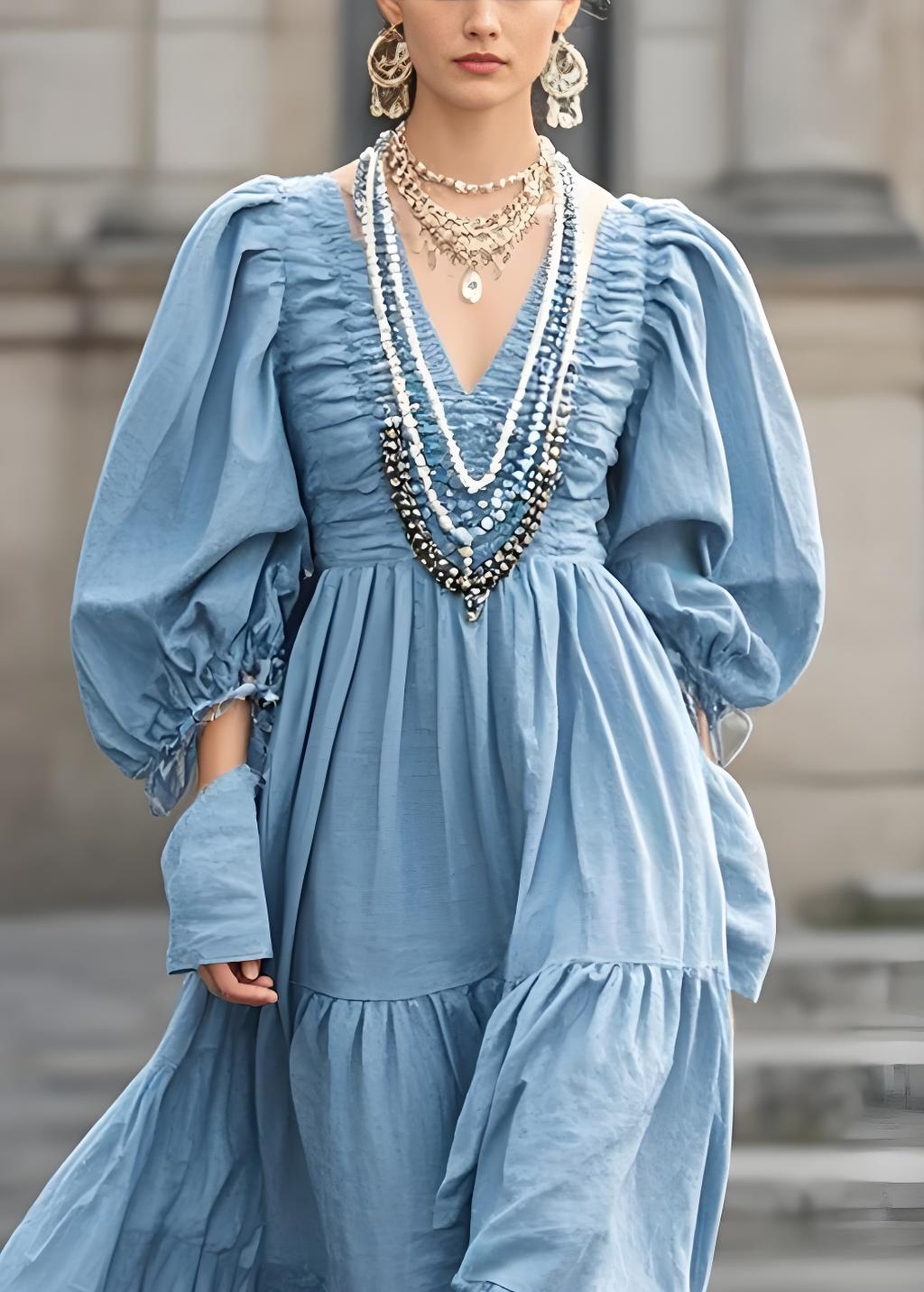 Women's Italian Blue V-Neck Pleated Cotton Maxi Dress