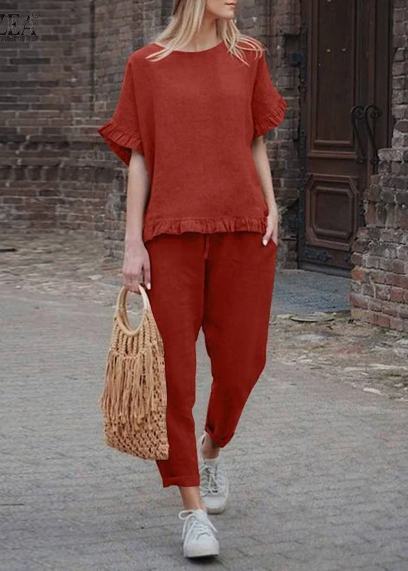 Khaki ruffled patchwork top and cropped pants two-piece set with short sleeves
