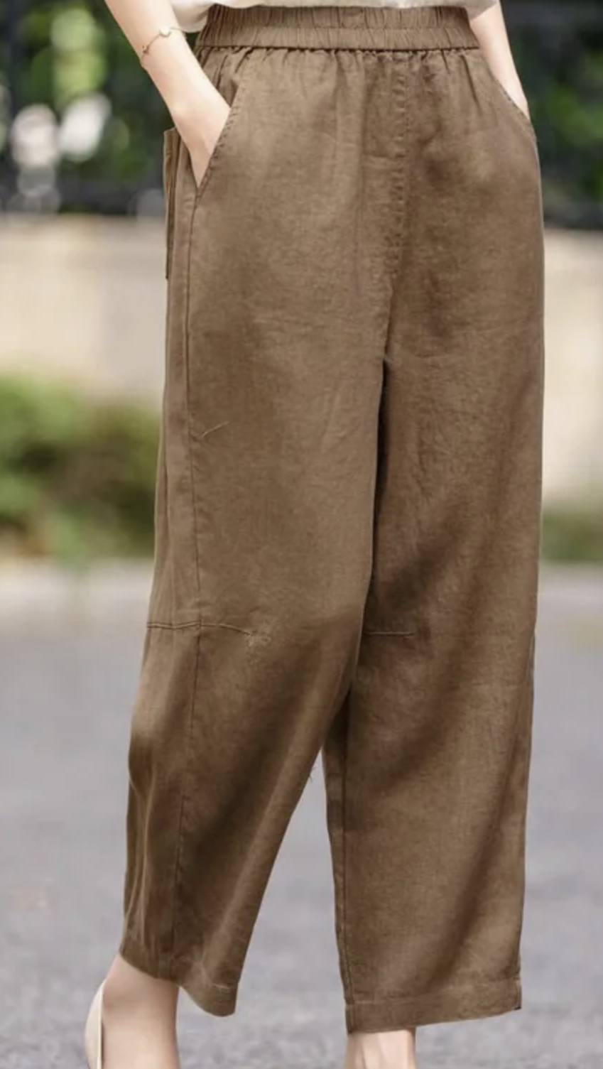 Red Mulberry Elastic Waistband Pocket Linen Haren Pants
