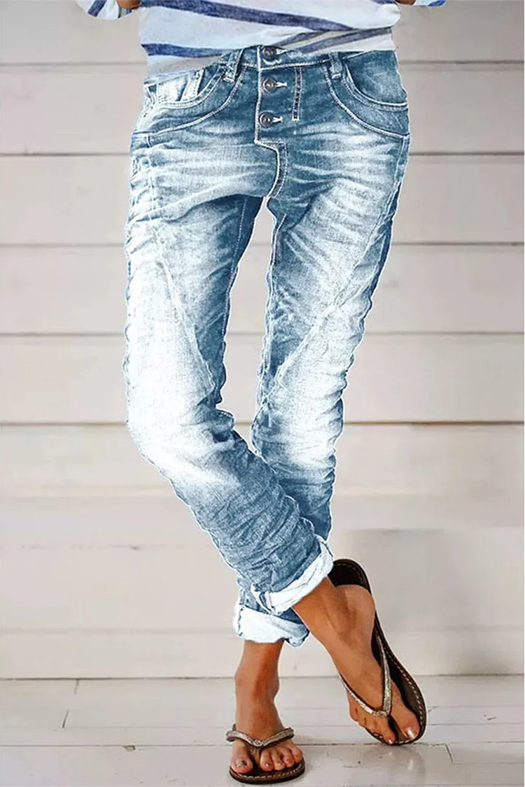 Organic denim street solid color distressed quilted high waisted jeans