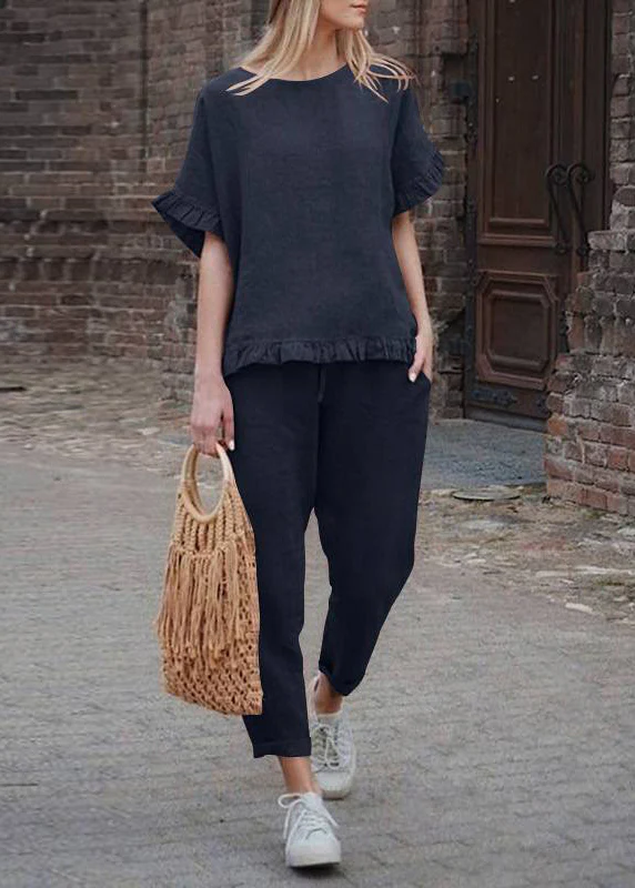 Khaki ruffled patchwork top and cropped pants two-piece set with short sleeves