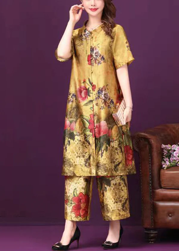 Elegant Standing Collar Pocket Floral Print Silk Two Piece Set Short Sleeve