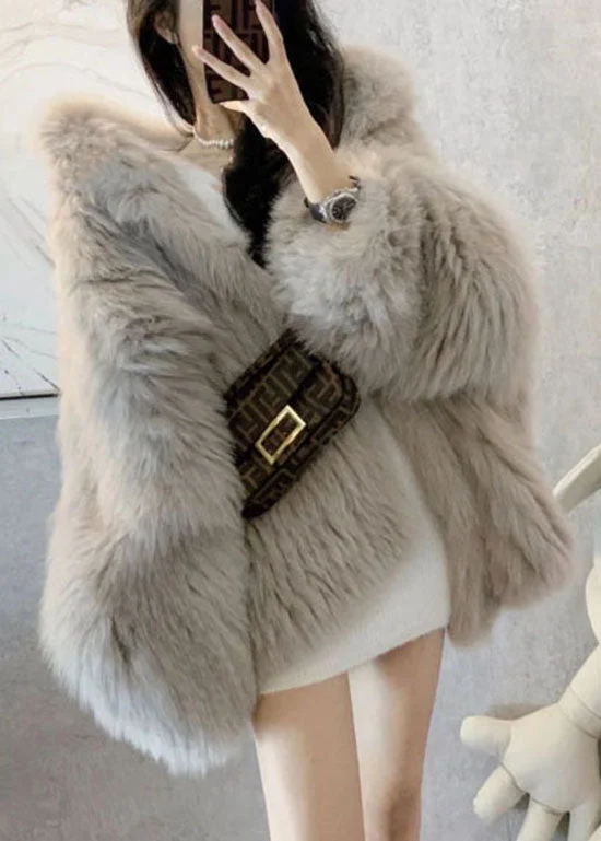 Women's Light Grey Hooded Patchwork Furry Plush