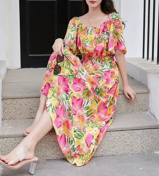 French Round Neck Printed Skinny Waist Short Sleeve Dress
