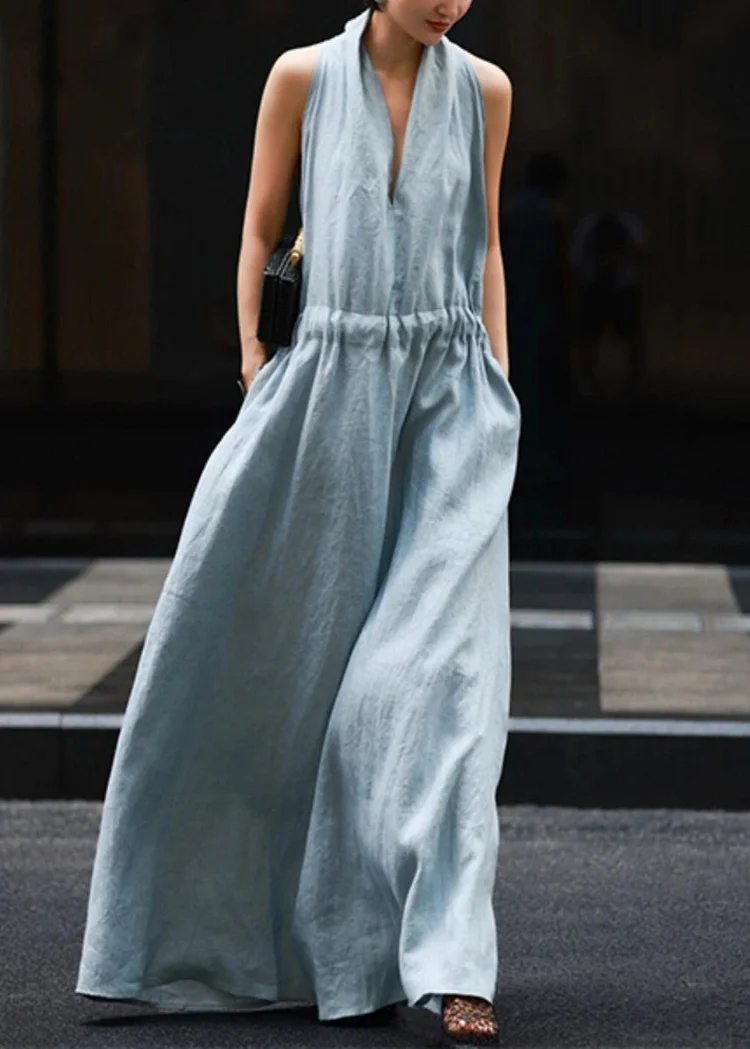 Light Blue Pocket Tie Waist Solid Color Linen Robe Sleeveless Dress