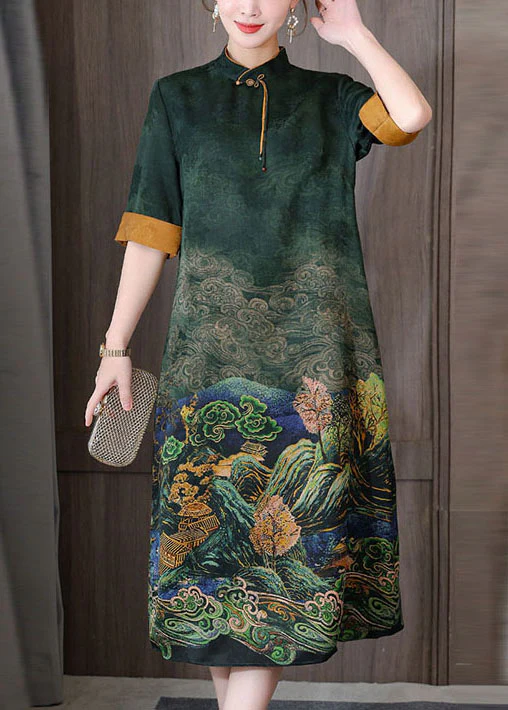 Fashion Printed Silk Long Dress Chinese Neck Zipper Short Sleeve