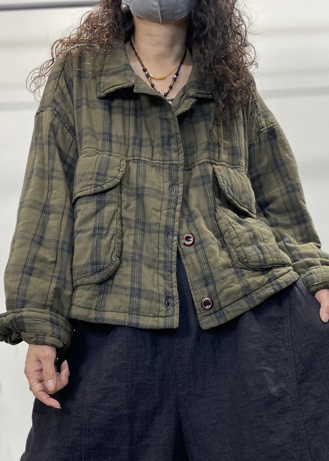 Plaid Button Patchwork Padded Cotton Coat Long Sleeve