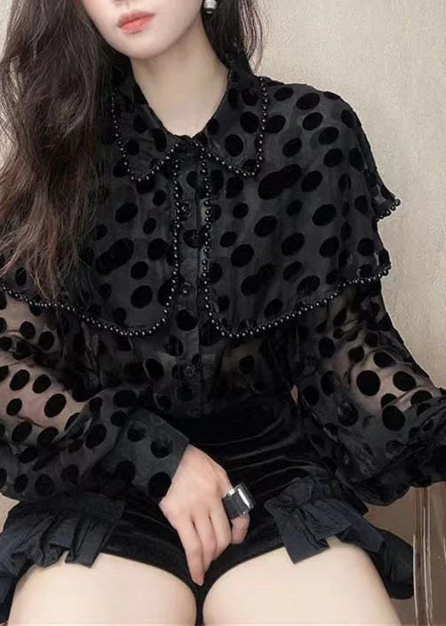 Women's Polka Dot Black Peter Pan Collar Beaded Patchwork Velvet Shirt