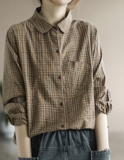 Loose Buttoned Cotton Shirt Top Long Sleeve