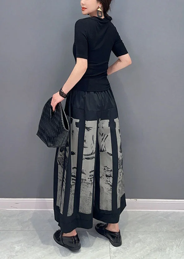 Style Black Elastic Waist Pocket Printed Cotton Wide Leg Pants Spring