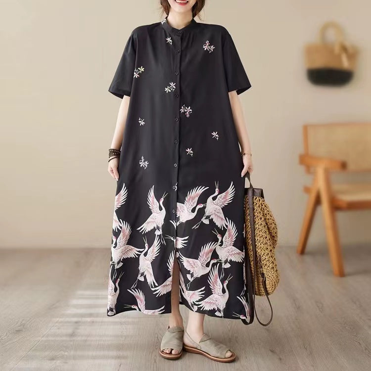 Stand-up Pocket Printed Short Sleeve Long Cardigan Dress