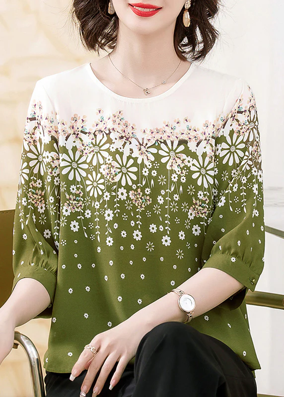 Elegant Black Round Collar Printed Chiffon Blouse