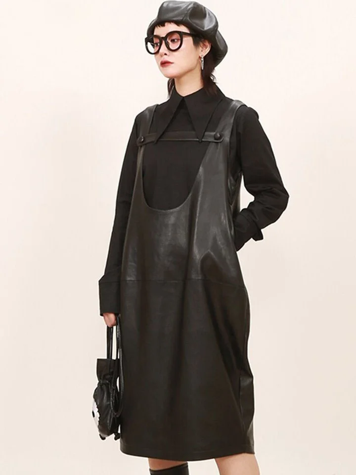 Women's loose U-neck spliced imitation leather suspender dress
