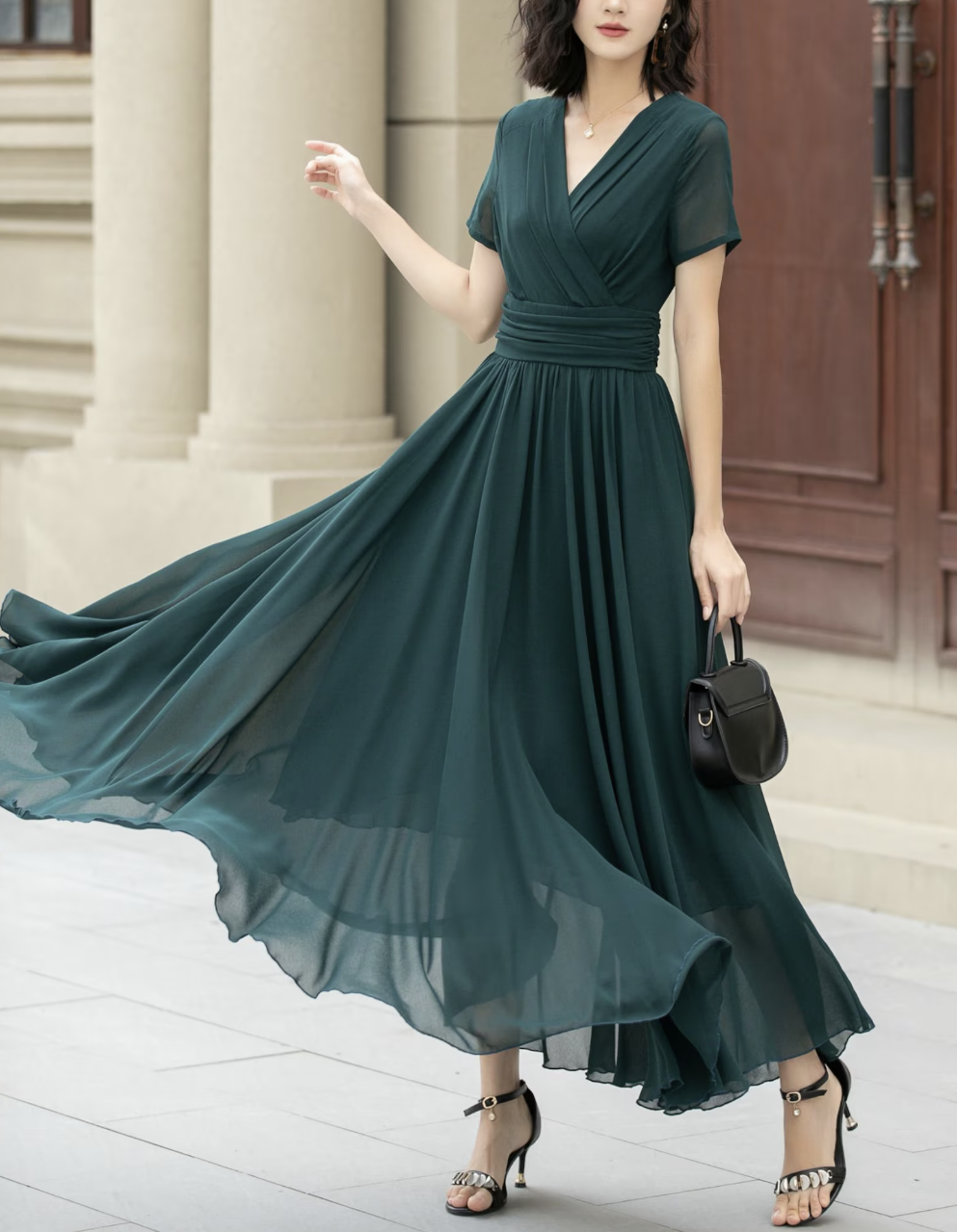 Chiffon Wedding Dresses, Green Long Bridesmaid Dresses, Short Sleeve Chiffon Dresses,, Prom Party Dresses