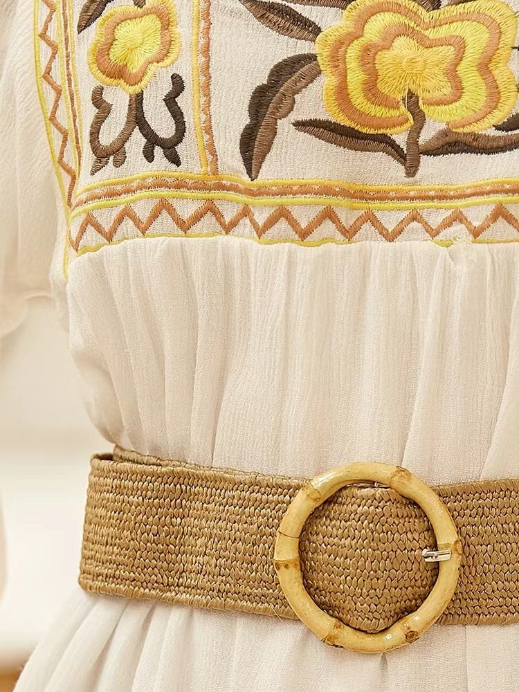 French Square Neck Long Sleeve Embroidered Color Clash Dress