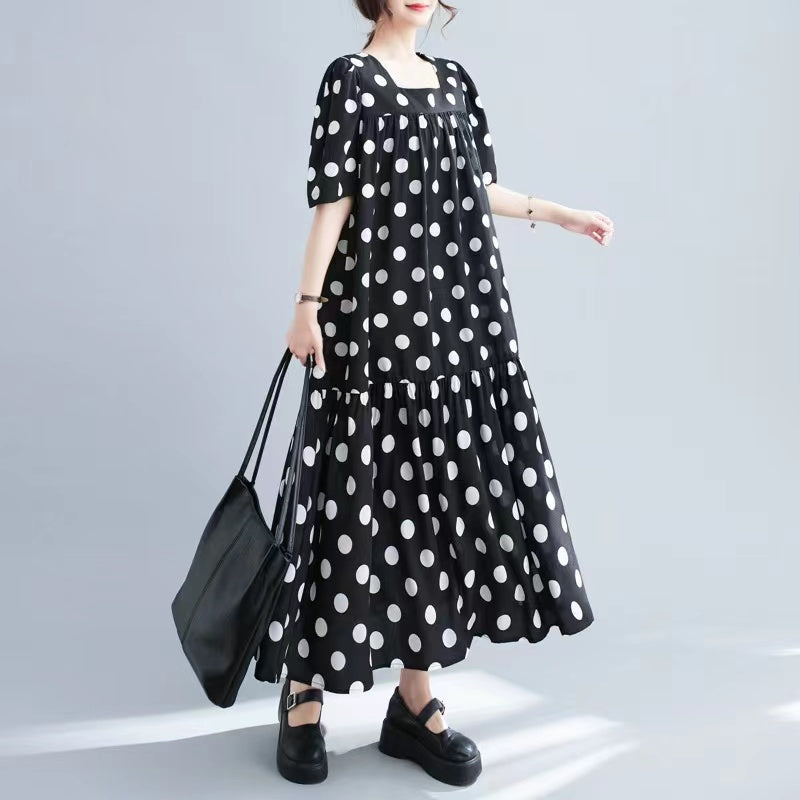 Plus Size Polka Dot Square Neck Short Sleeve Long Dresses