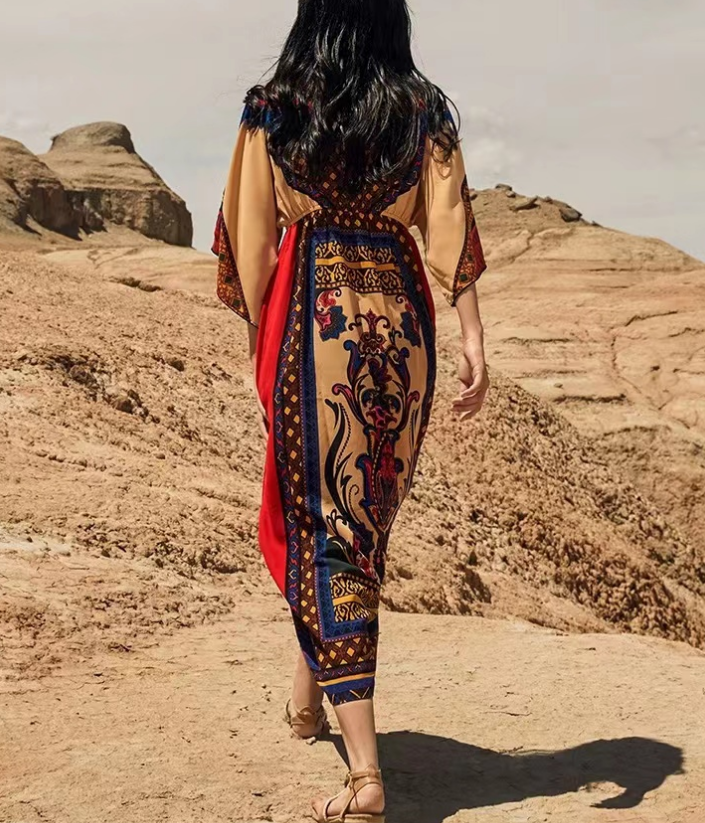 Bohemian V-Neck Printed Beach Short Sleeve Dress