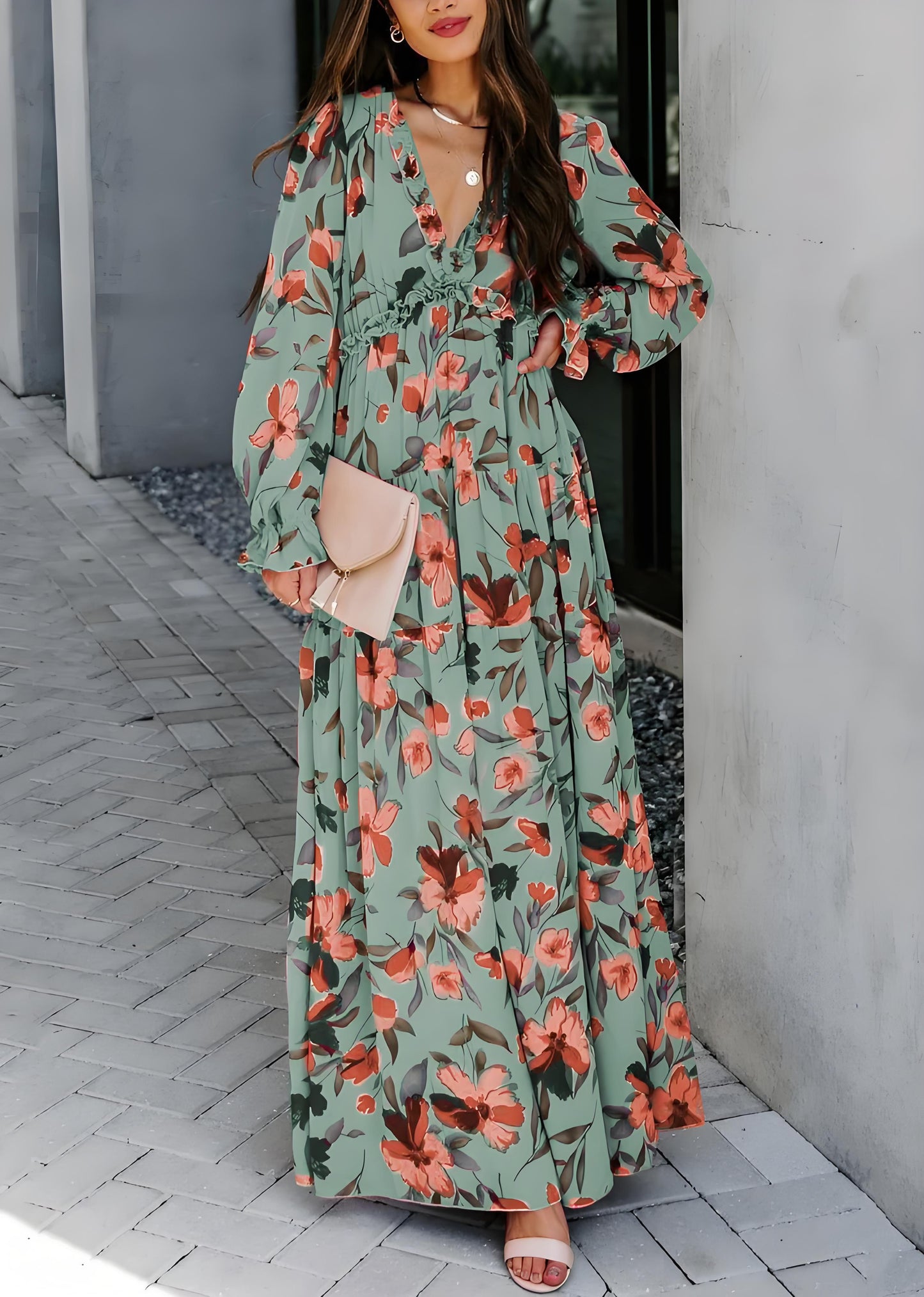 Women's Pink V-Neck Ruffle Printed Long Dress