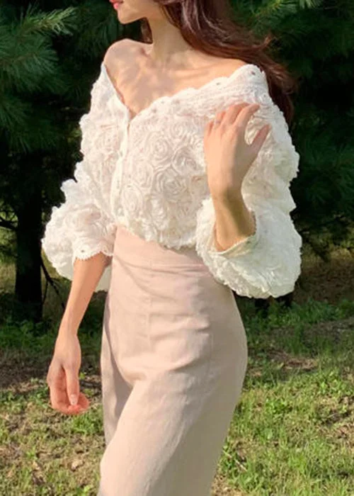 Women's White Button Down Solid Lace Shirt V-Neck
