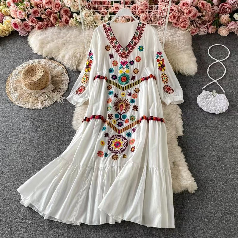 Embroidered V-neck cotton and linen beach hem dress