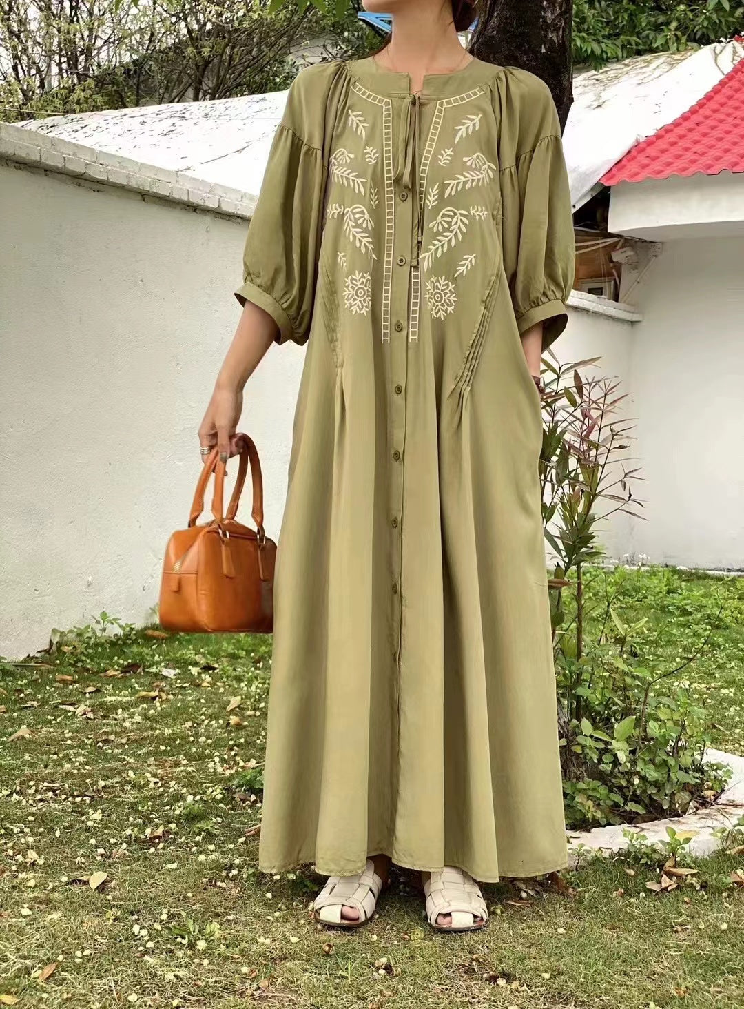Elegant embroidered strappy cotton linen dress